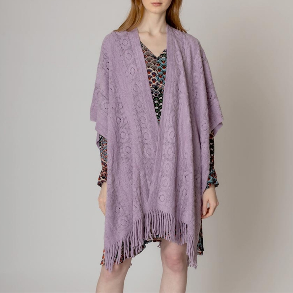 Lavender Crochet Shawl Fringe Poncho Scarf Sweater Open Front Cape Womens Wrap